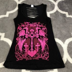 Miss Popular Tank Top Womens Small Faith Cross Wing Destroyed Back Black